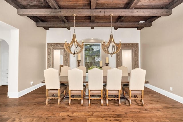 dining area featuring an inviting chandelier, beam ceiling, wood ceiling, and dark hardwood / wood-style floors