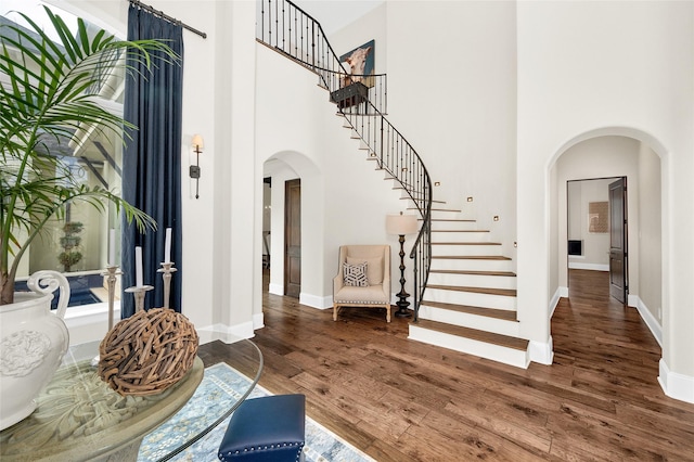 foyer with a towering ceiling and dark hardwood / wood-style flooring