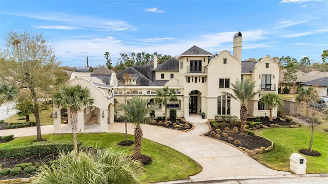 view of front of property with a balcony and a front lawn