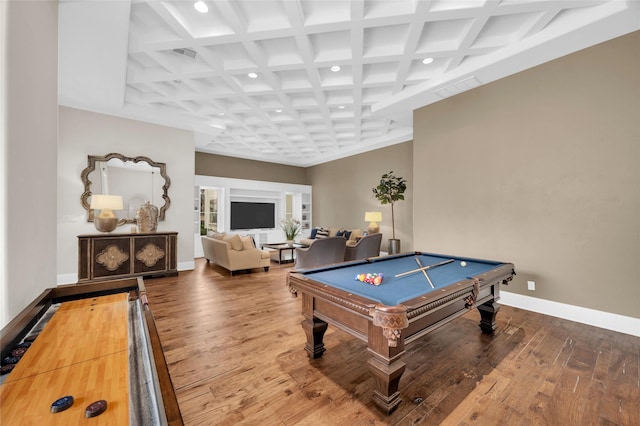 playroom featuring coffered ceiling, billiards, beamed ceiling, and hardwood / wood-style flooring