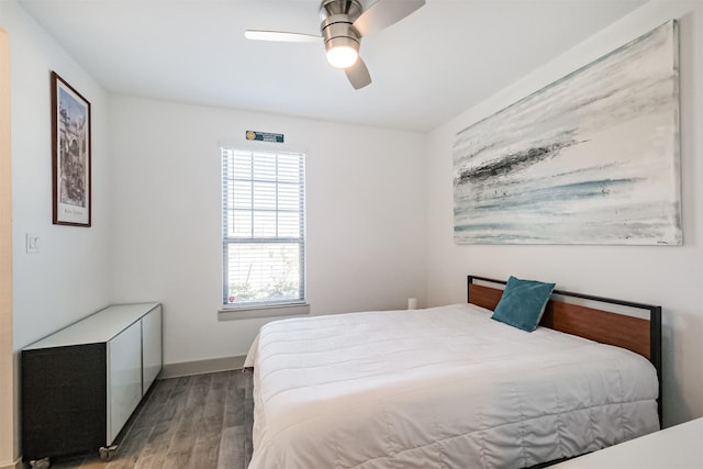 bedroom featuring ceiling fan and light wood-type flooring