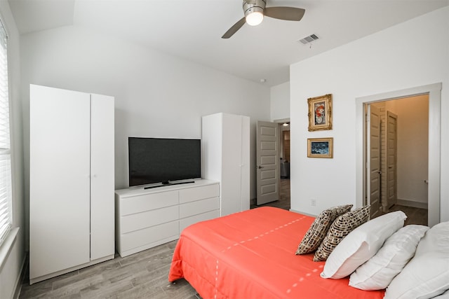 bedroom featuring ceiling fan and light hardwood / wood-style floors