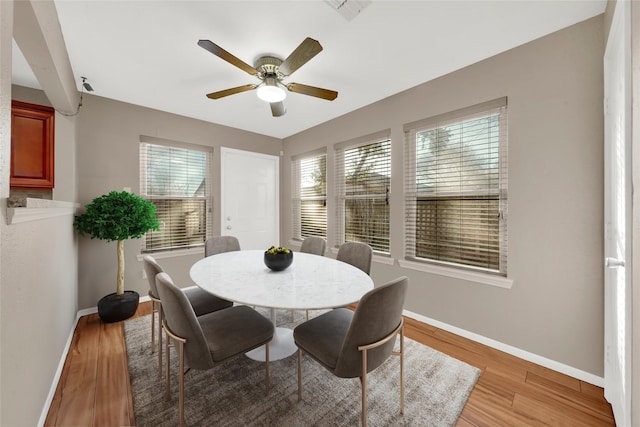 dining room with ceiling fan and light hardwood / wood-style flooring