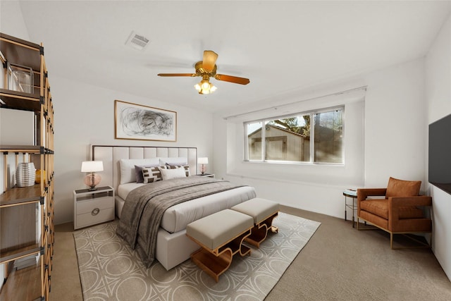 carpeted bedroom featuring ceiling fan