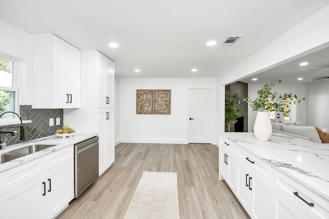 kitchen featuring decorative backsplash, light stone countertops, stainless steel dishwasher, sink, and white cabinetry