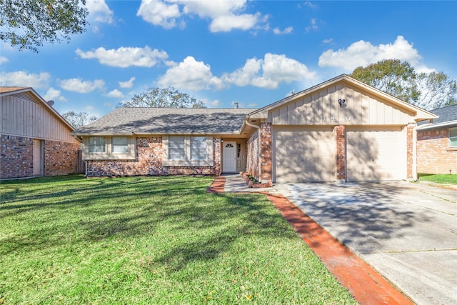 ranch-style home with a garage and a front lawn