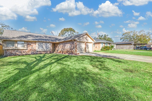 ranch-style house with a garage and a front lawn