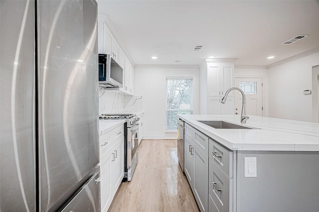 kitchen with sink, backsplash, an island with sink, white cabinets, and appliances with stainless steel finishes