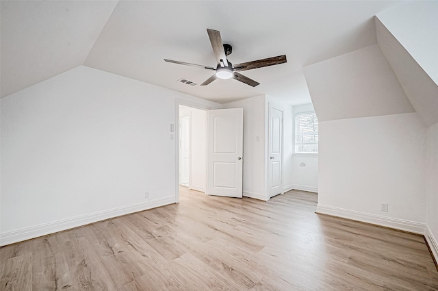 bonus room with ceiling fan, light wood-type flooring, and lofted ceiling