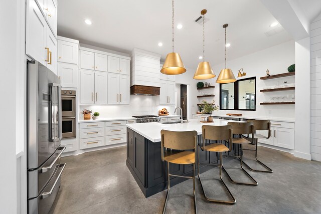 4103 Lea Ln, Fulshear, TX 77406 - kitchen with finished concrete flooring, open shelves, stainless steel appliances, custom exhaust hood, and light countertops