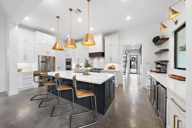 kitchen with decorative light fixtures, open shelves, visible vents, light countertops, and white cabinets