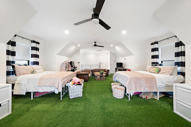4103 Lea Ln, Fulshear, TX 77406 - carpeted bedroom featuring vaulted ceiling, recessed lighting, and a ceiling fan