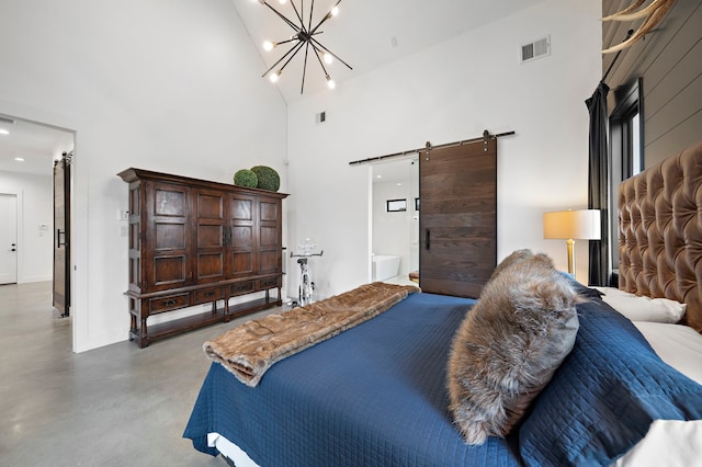 4103 Lea Ln, Fulshear, TX 77406 - bedroom featuring a barn door, a towering ceiling, finished concrete flooring, a chandelier, and recessed lighting
