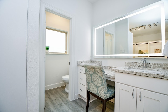 bathroom with vanity, wood-type flooring, and toilet