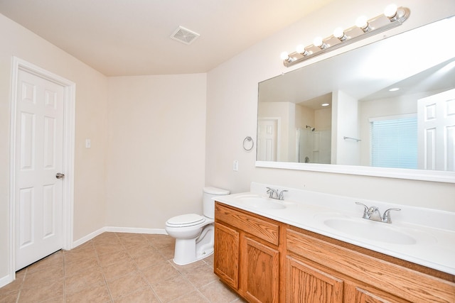 bathroom with tile patterned flooring, vanity, toilet, and walk in shower