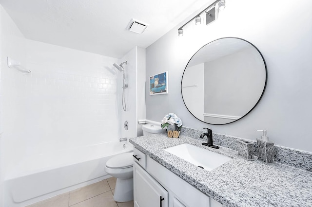 full bathroom featuring shower / tub combination, tile patterned floors, vanity, and toilet