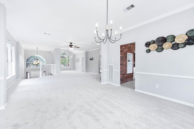 unfurnished living room with ceiling fan, light colored carpet, lofted ceiling, and crown molding