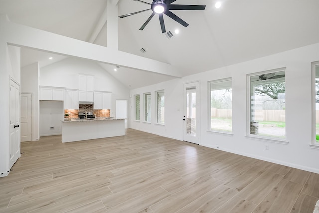 unfurnished living room with beam ceiling, ceiling fan, high vaulted ceiling, and light wood-type flooring