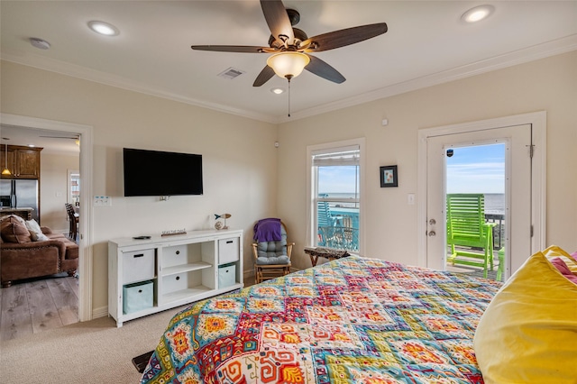 carpeted bedroom featuring stainless steel fridge with ice dispenser, access to outside, ceiling fan, and crown molding