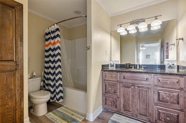 full bathroom with shower / bathtub combination with curtain, crown molding, hardwood / wood-style floors, toilet, and vanity