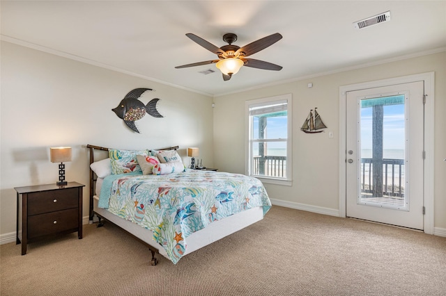 bedroom featuring access to exterior, ceiling fan, light carpet, and ornamental molding