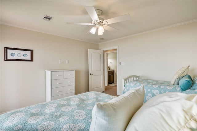 bedroom featuring ceiling fan and crown molding