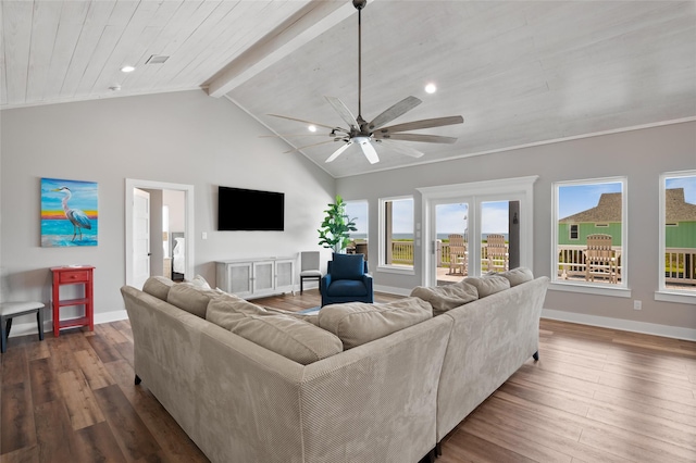 living room featuring ceiling fan, lofted ceiling with beams, dark hardwood / wood-style floors, and wooden ceiling