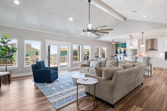 living room with hardwood / wood-style floors, vaulted ceiling with beams, ceiling fan, and wood ceiling