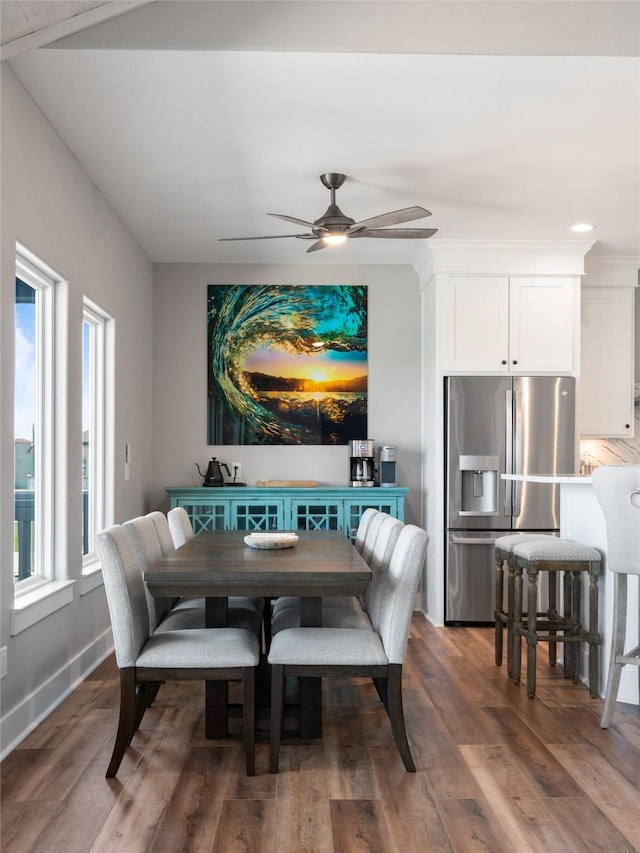 dining room featuring wood-type flooring, plenty of natural light, and ceiling fan