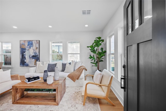 living room with plenty of natural light and light hardwood / wood-style floors