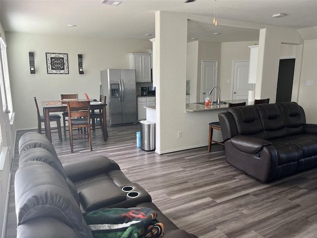 living room featuring sink and hardwood / wood-style flooring