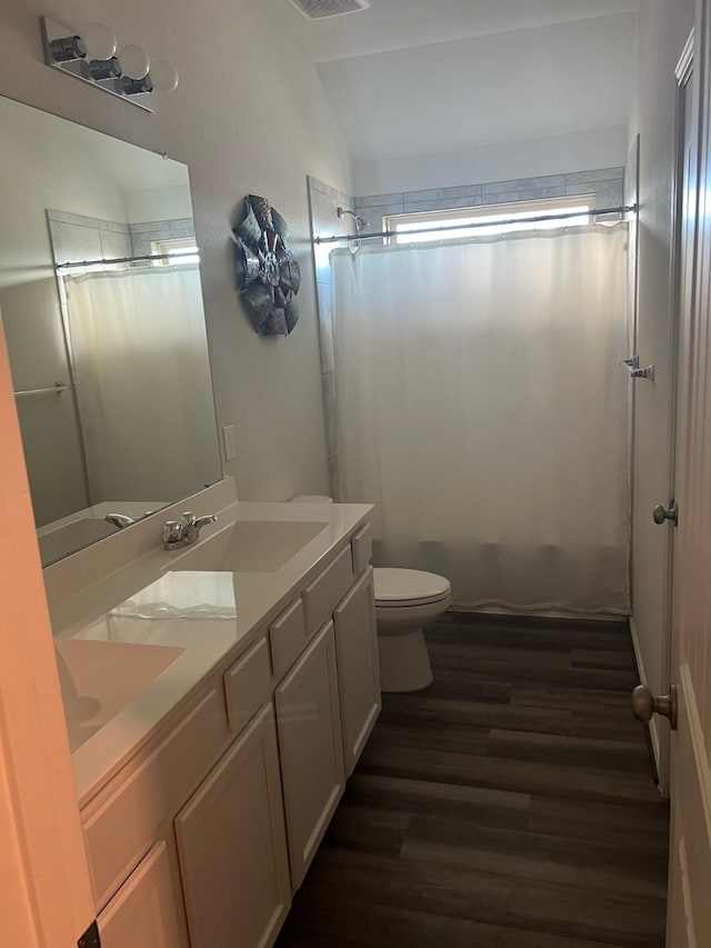 bathroom featuring toilet, vanity, walk in shower, and hardwood / wood-style floors