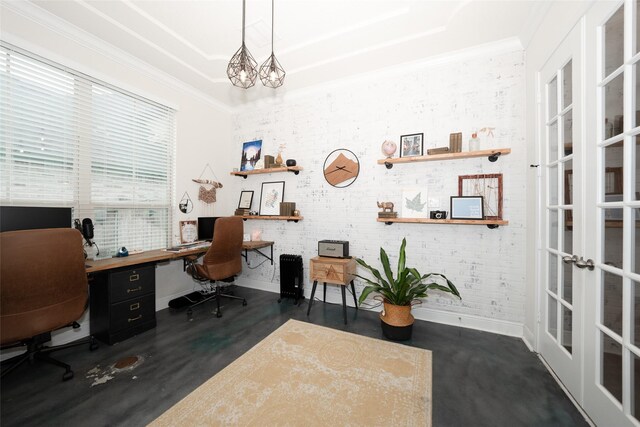 office with french doors, brick wall, dark hardwood / wood-style floors, crown molding, and a chandelier