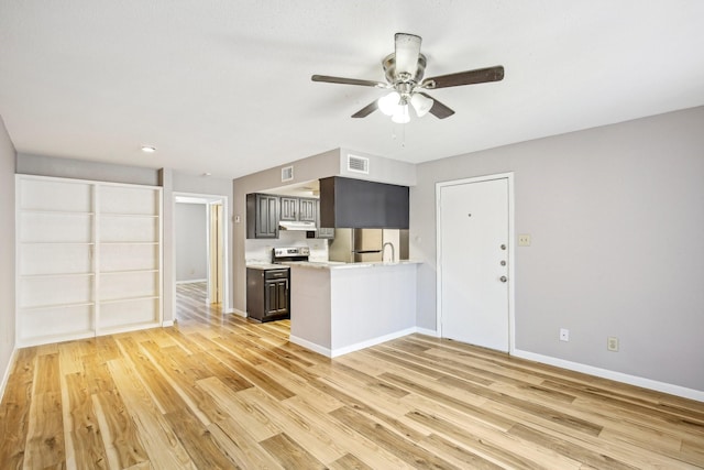 unfurnished living room featuring light wood-type flooring and ceiling fan