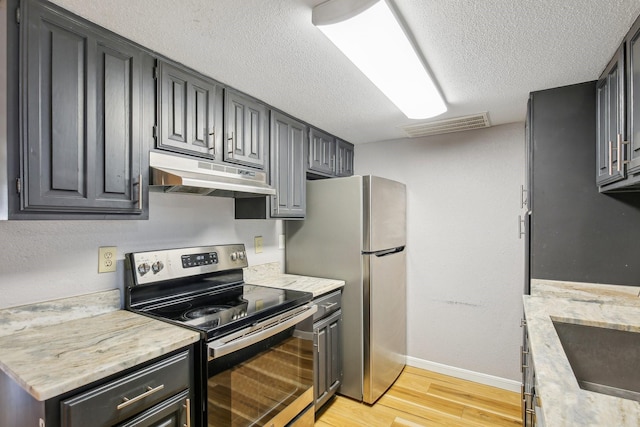 kitchen featuring sink, a textured ceiling, light hardwood / wood-style floors, and appliances with stainless steel finishes