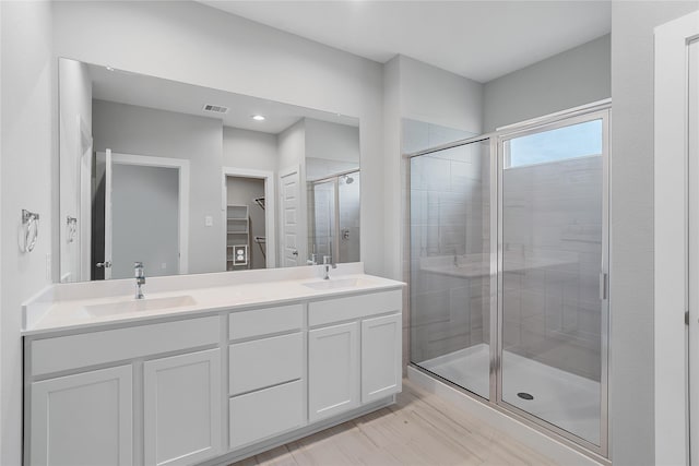 bathroom featuring vanity and a shower with shower door