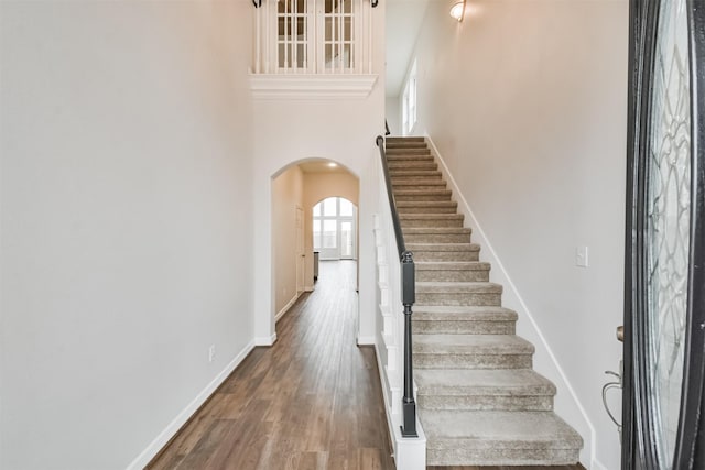 entryway featuring a high ceiling and hardwood / wood-style floors