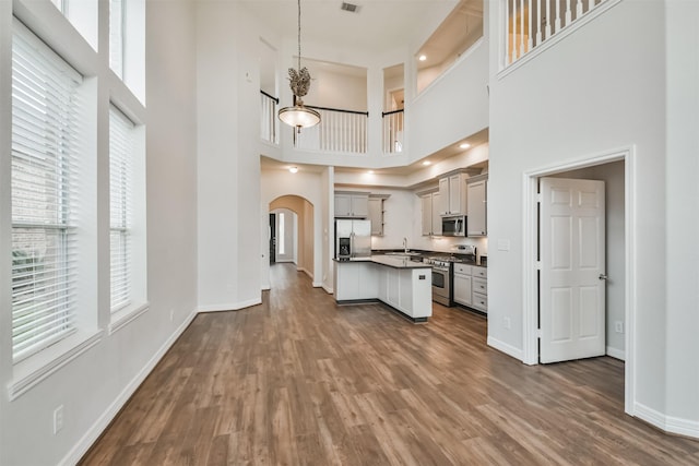 kitchen featuring stainless steel appliances, decorative light fixtures, a towering ceiling, and plenty of natural light