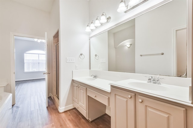 bathroom with wood-type flooring, vanity, and walk in shower