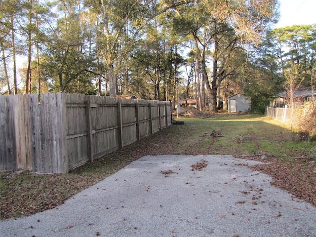 view of yard featuring a patio and a shed