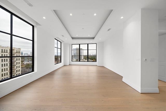 unfurnished room featuring a tray ceiling and light wood-type flooring