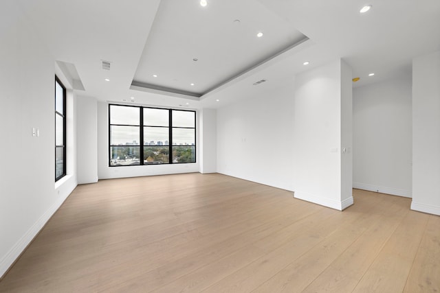 unfurnished room with a raised ceiling and light wood-type flooring