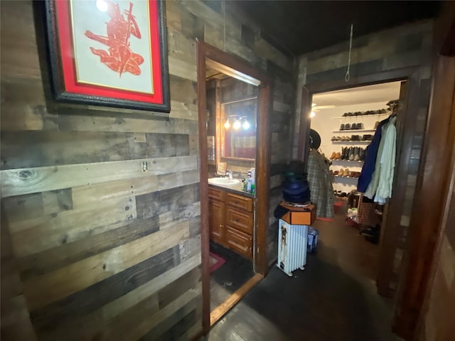 interior space featuring vanity and wooden walls