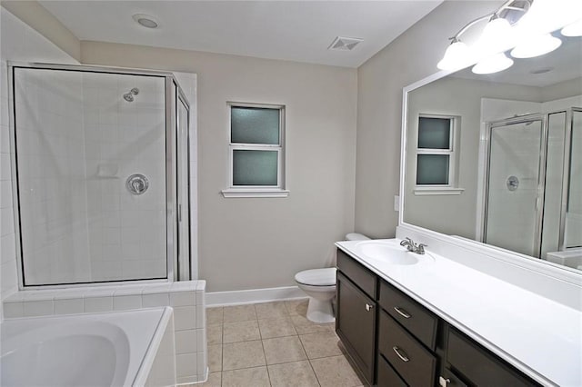 full bathroom featuring plus walk in shower, vanity, tile patterned floors, and toilet