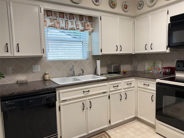 kitchen featuring sink, backsplash, white cabinetry, and black appliances