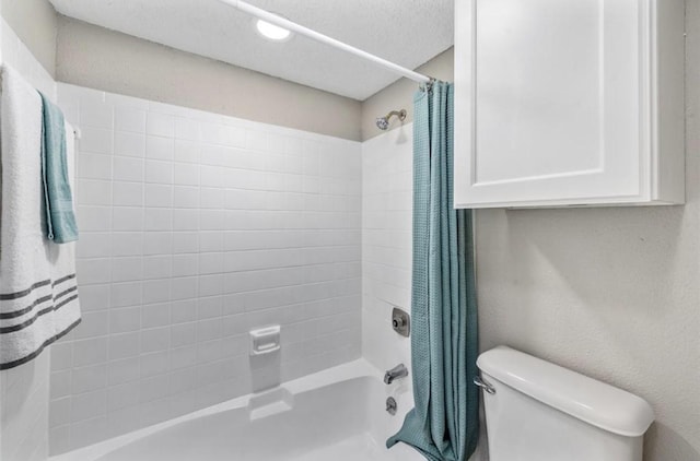 bathroom with toilet and shower / bathtub combination with curtain