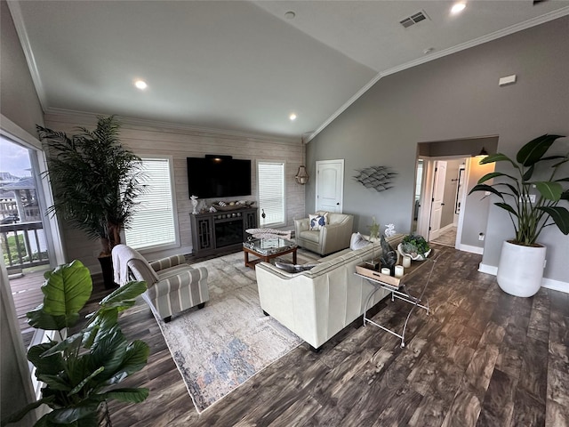 living room featuring crown molding, dark wood-type flooring, and lofted ceiling