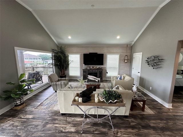 living room with dark wood-type flooring, high vaulted ceiling, and ornamental molding