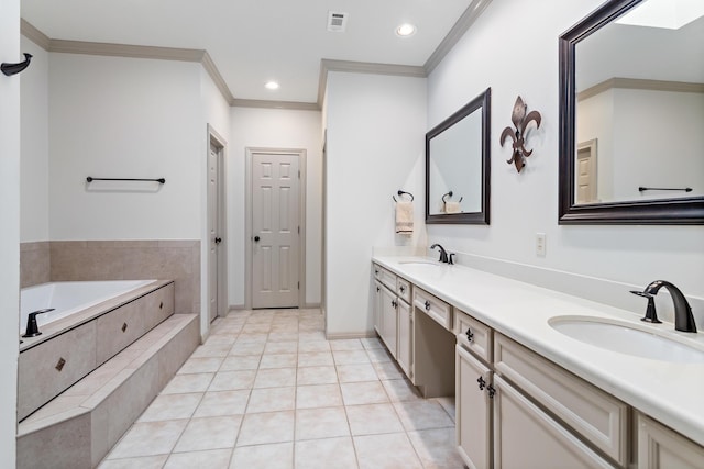 bathroom featuring tile patterned floors, vanity, a relaxing tiled tub, and crown molding