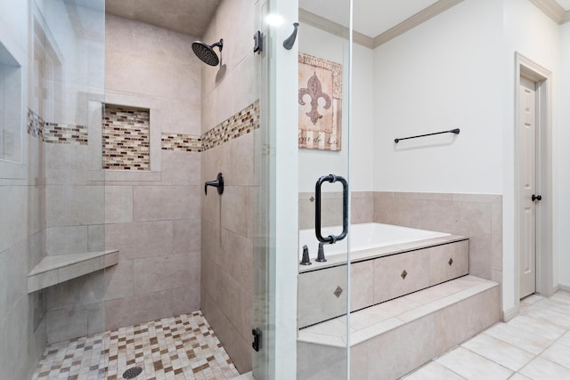 bathroom featuring tile patterned flooring, ornamental molding, and plus walk in shower